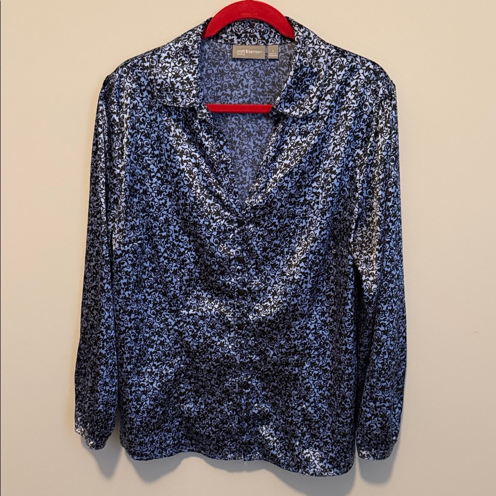 croft & barrow Metallic Blue & Black Floral-Print Button-Front Blouse